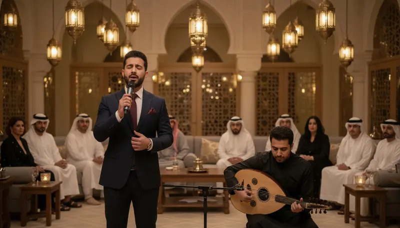 Arabic singer performing with an oud player at an evening event in Dubai