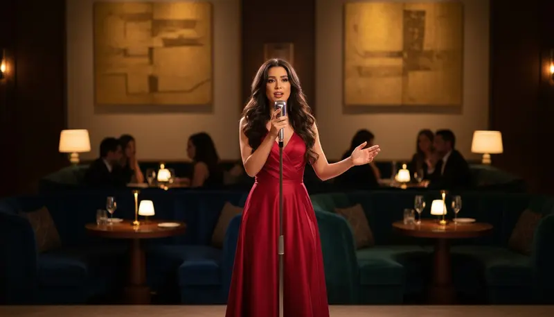 Female singer in a red gown singing at an evening reception in Dubai