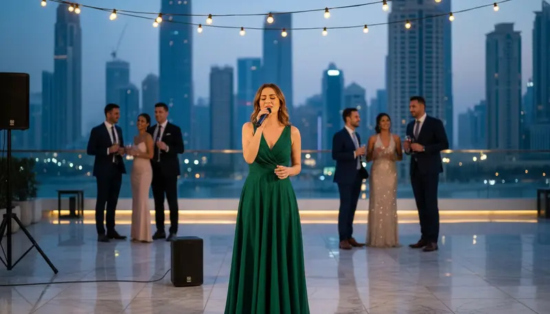 Female singer with a microphone performing for guests on a terrace in Dubai at dusk