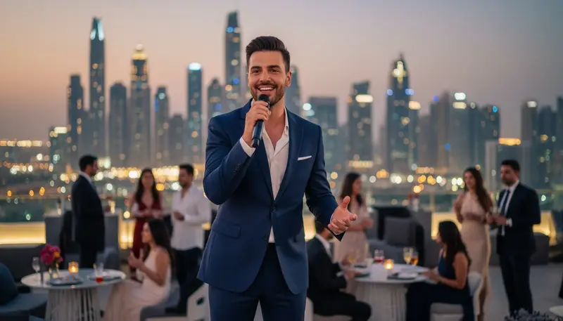 Male singer in a suit singing at a rooftop event in Dubai at night