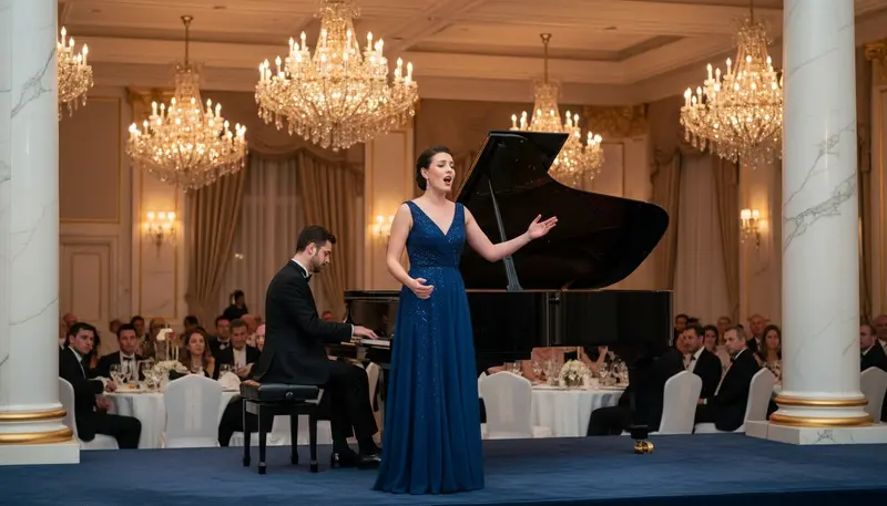 Opera singer in an evening gown singing beside a grand piano at a gala in Dubai