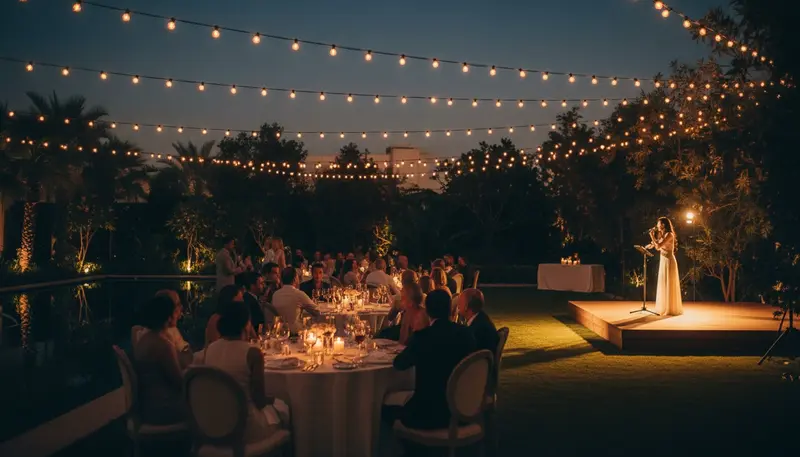 Singer on a small lit stage in front of guests at an evening garden event