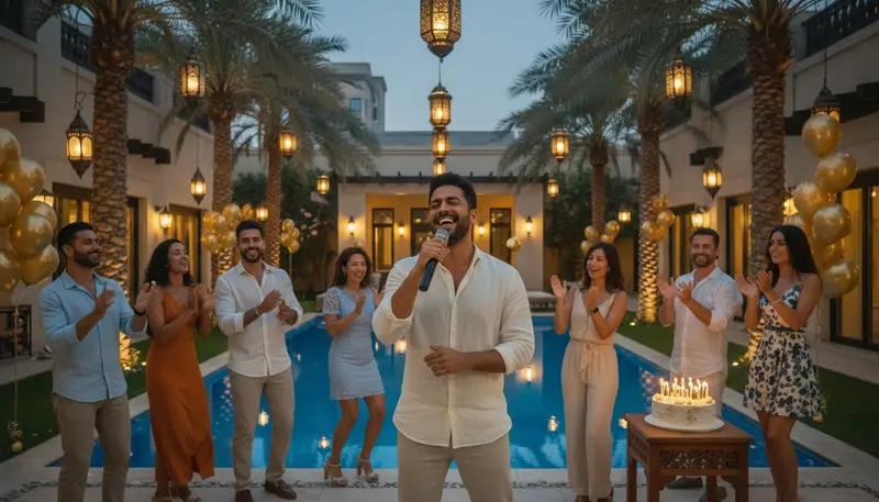Singer performing for friends at a birthday party in a private villa garden in Dubai