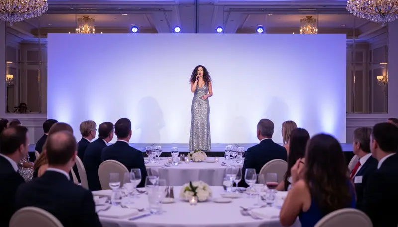 Singer performing on stage at a corporate gala dinner in a Dubai hotel