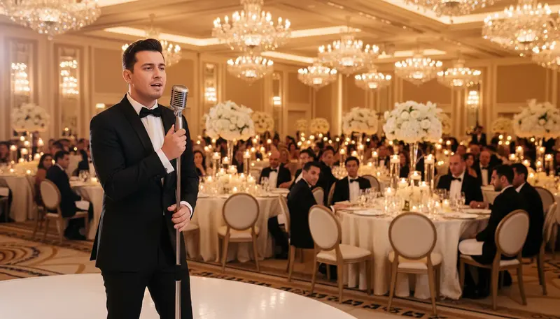 Wedding singer performing a slow song in a candlelit ballroom in Dubai